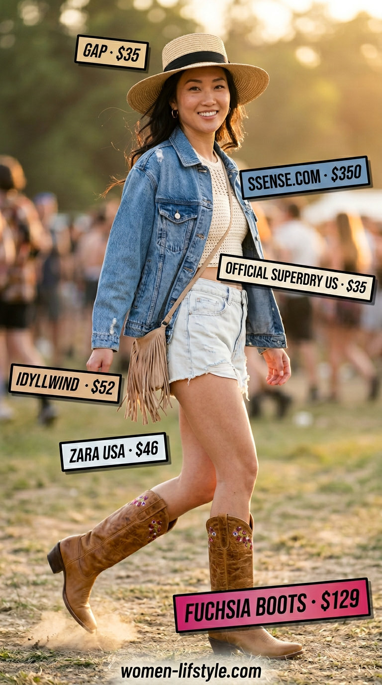 Summer oversized denim jacket outfit for women 2026: Denim jacket, crochet top, denim shorts, cowboy boots, straw hat.