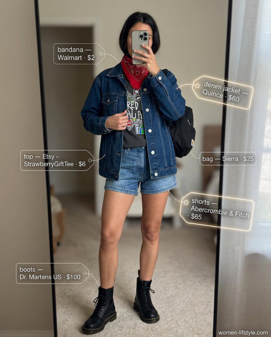 Summer oversized denim jacket outfit for women 2026: Festival ready look with distressed shorts, band tee, bandana, and combat boots.