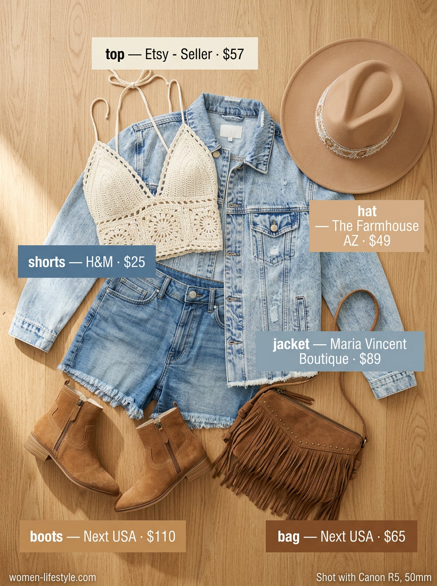 Summer Oversized Denim Jacket Outfits for Women 2026: Festival look with crochet top, cutoff shorts, and ankle boots.