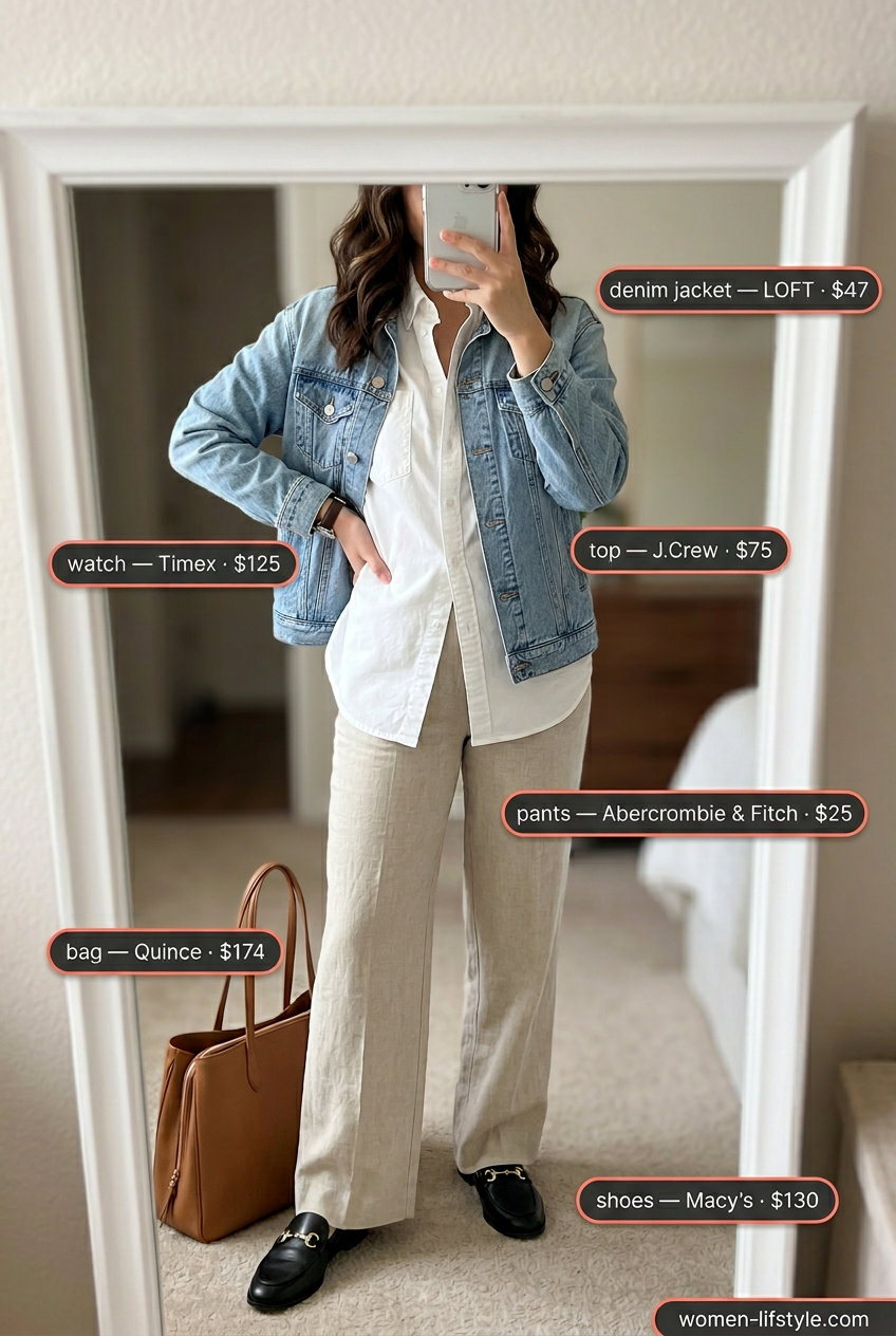 Summer oversized denim jacket outfits for women 2026: Modern classic look with tailored trousers, loafers, and white button-down.