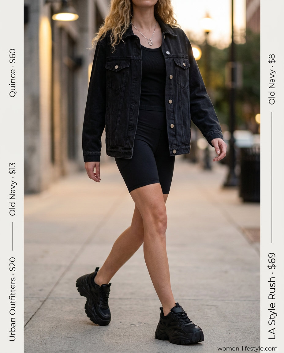 Summer Oversized Denim Jacket Outfits for Women 2026: Sleek monochrome look with biker shorts and platform sneakers.