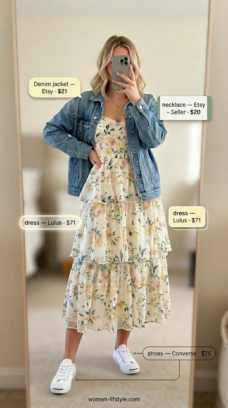 Summer oversized denim jacket outfits for women 2026: Picnic perfect look with floral midi dress and white sneakers.