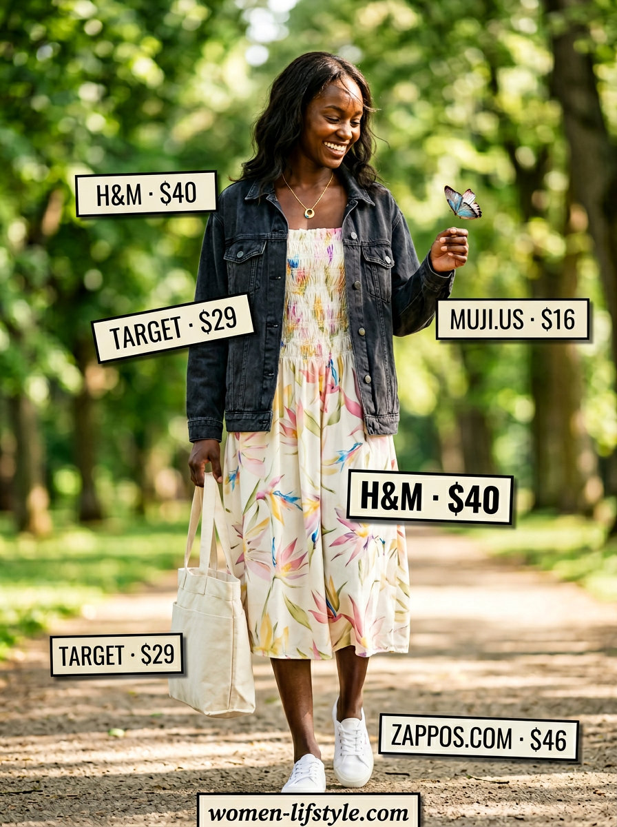 Summer oversized denim jacket outfit for women 2026: Denim jacket, floral midi dress, canvas sneakers, tote bag.