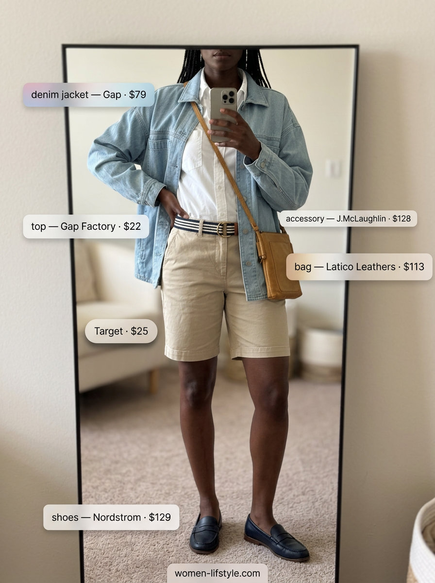 Summer Oversized Denim Jacket Outfits for Women 2026: Preppy look with chino shorts, button-down, and loafers.