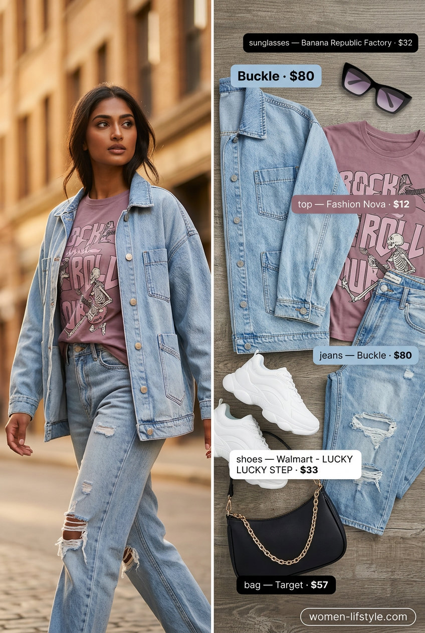 Summer Oversized Denim Jacket Outfits for Women 2026: Retro midi skirt, graphic tee, and chunky sneakers.