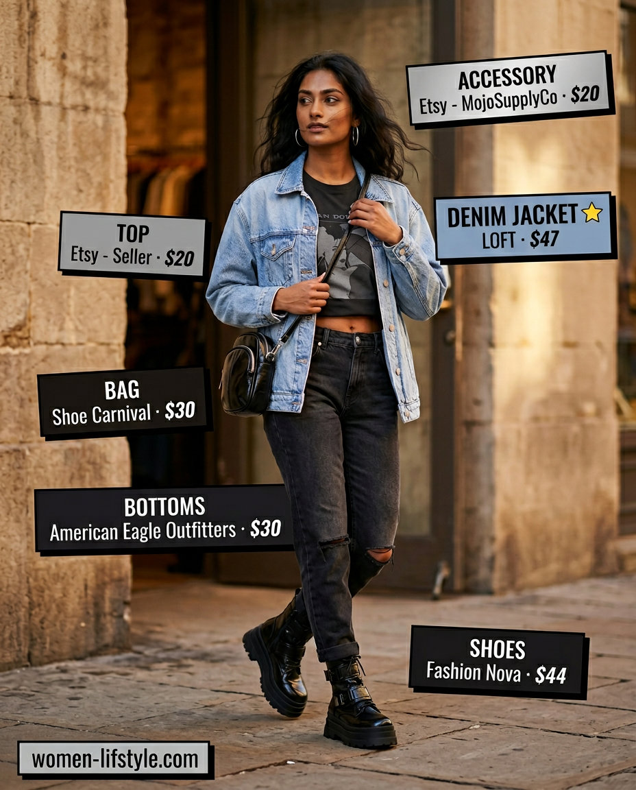 Summer oversized denim jacket outfit for women 2026: Denim jacket, band tee, black jeans, combat boots.