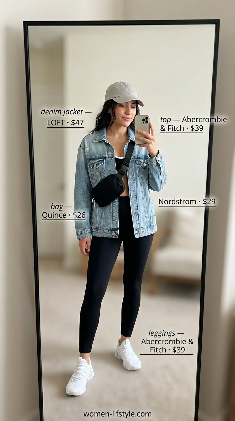 Summer Oversized Denim Jacket Outfits for Women 2026: Sporty athleisure with leggings and belt bag.