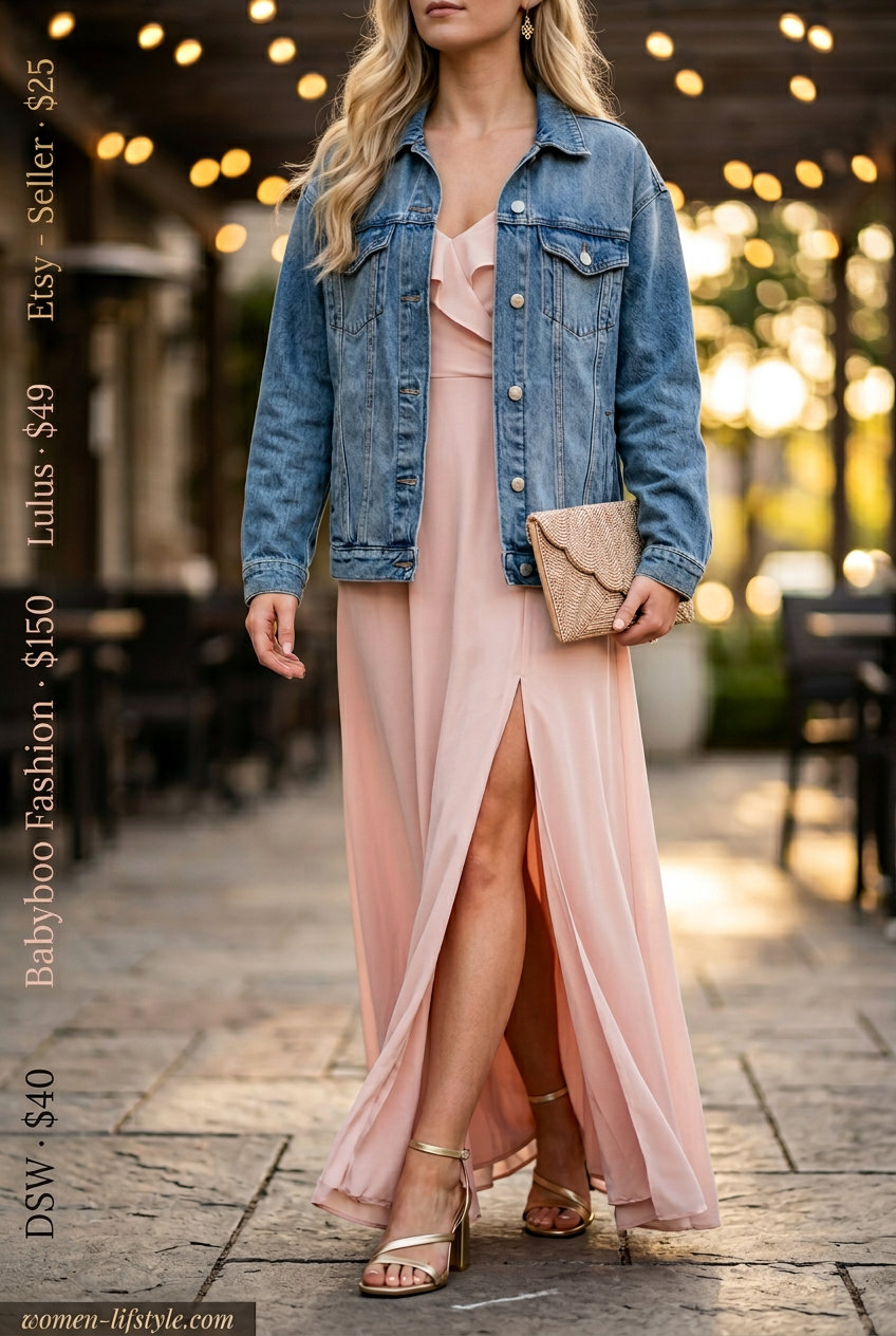 Summer oversized denim jacket outfit for women 2026: Denim jacket, blush maxi dress, gold sandals, clutch.