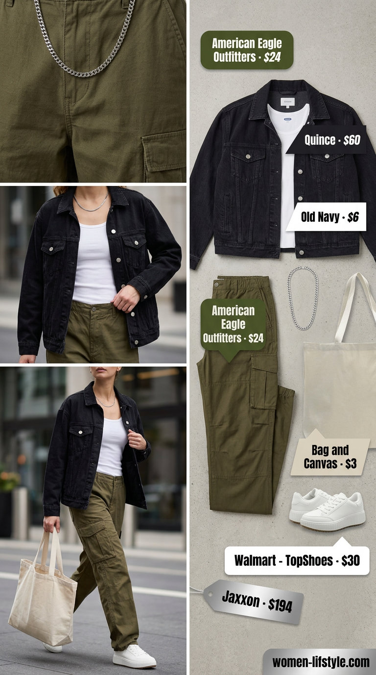Summer oversized denim jacket outfit for women 2026: Blue denim jacket, olive cargo pants, white tank, tote bag, sneakers.