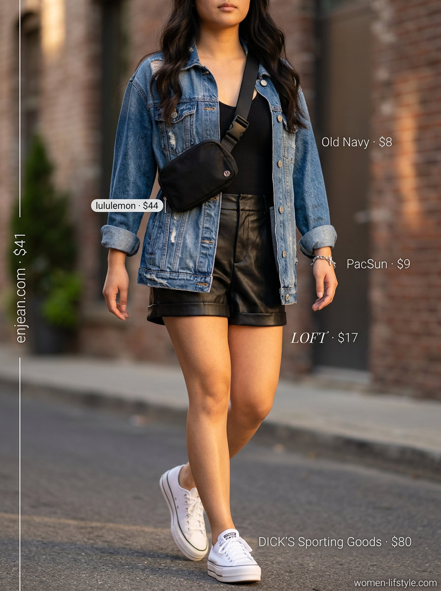 Summer oversized denim jacket outfits for women 2026: Urban explorer look with faux leather shorts, tank top, and chunky sneakers.