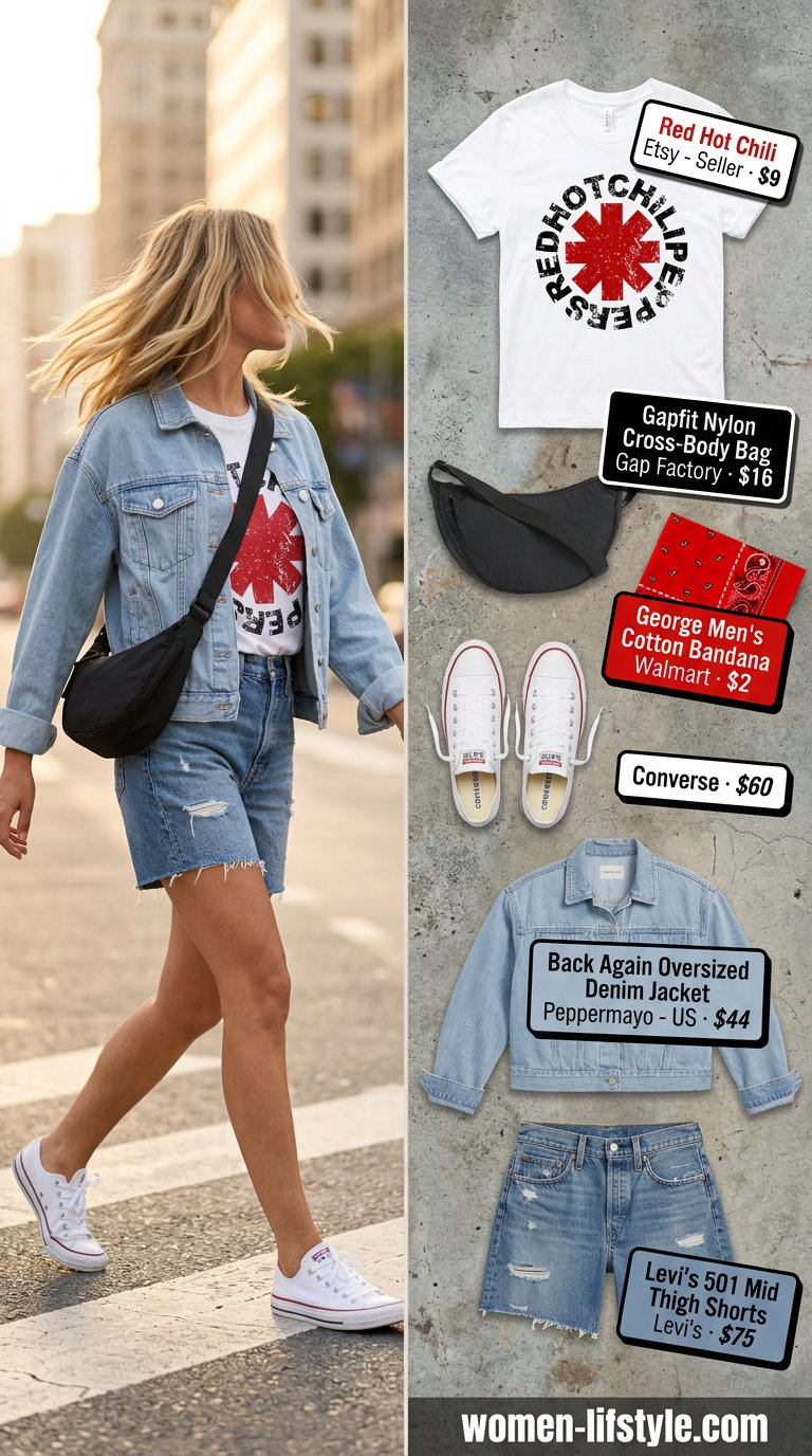 Summer Oversized Denim Jacket Outfits for Women 2026: Edgy urban explorer look with shorts and band tee.