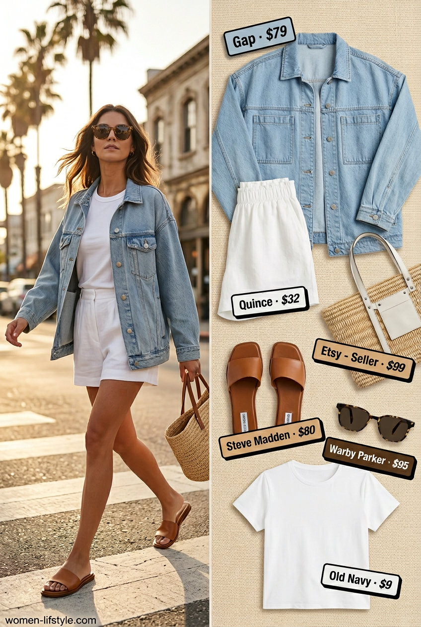 Summer Oversized Denim Jacket Outfits for Women 2026: Vacation comfort with linen shorts and straw tote.