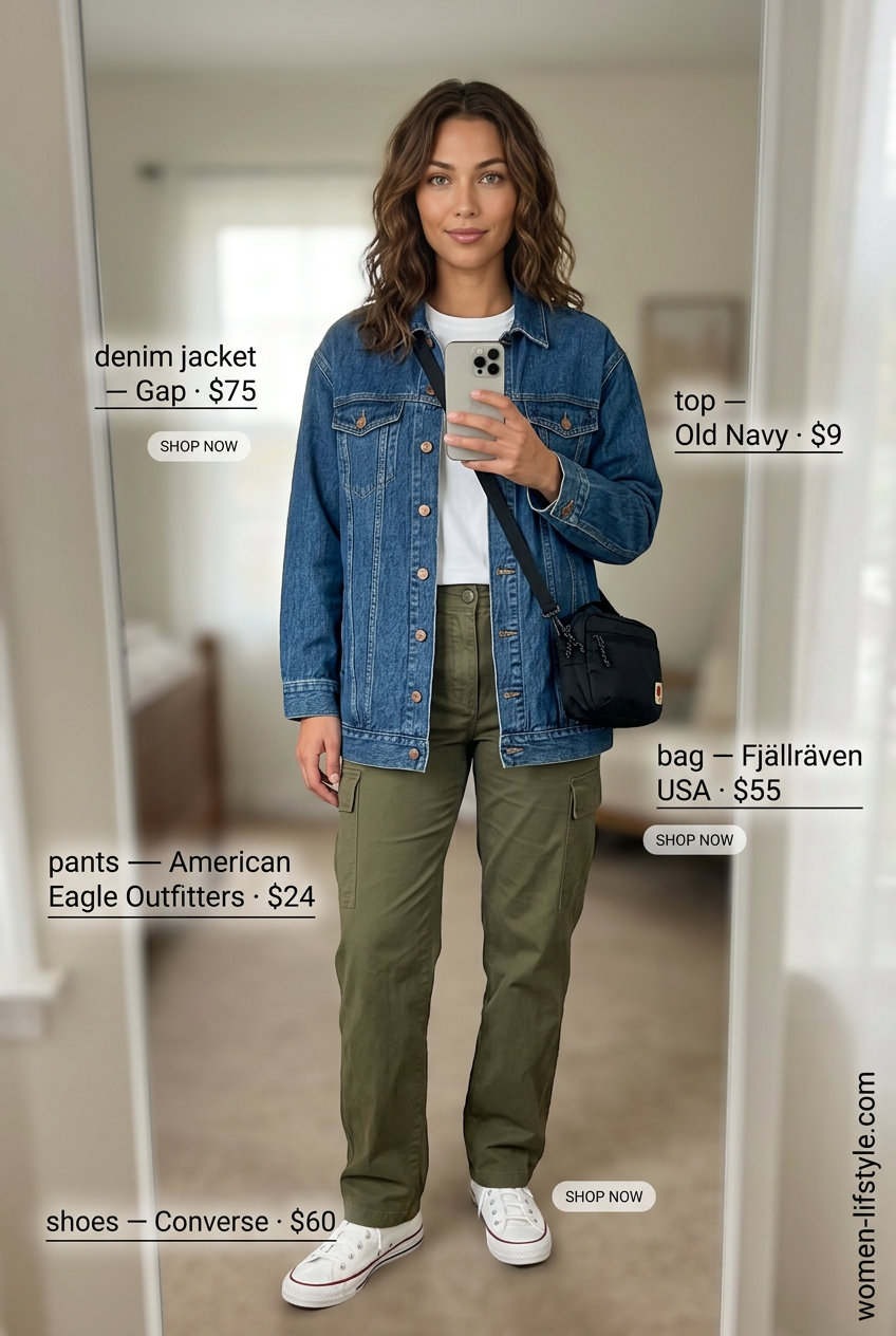 Summer oversized denim jacket outfits for women 2026: Weekend wanderer look with cargo pants, crew neck tee, and sneakers.