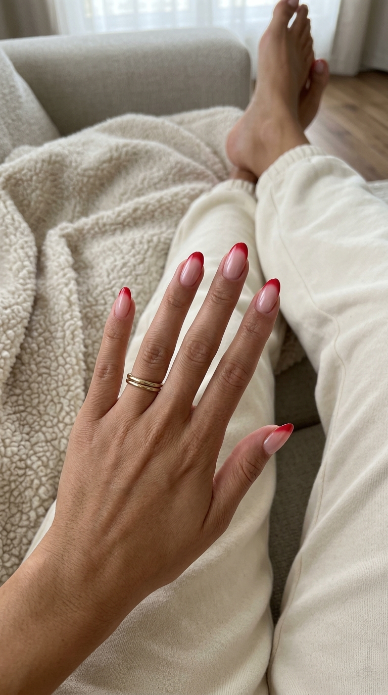 Summer Red Nails 2026: Bright Red Aura French Playful summer red nails 2026: Bright red aura French on oval nails for vacations.