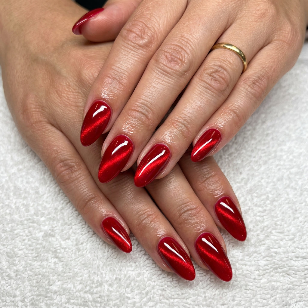 Cherry Red Cat-Eye Nails 2026: Sultry Evening Sultry cherry red cat-eye nails with shifting magnetic tones for summer evening events 2026.