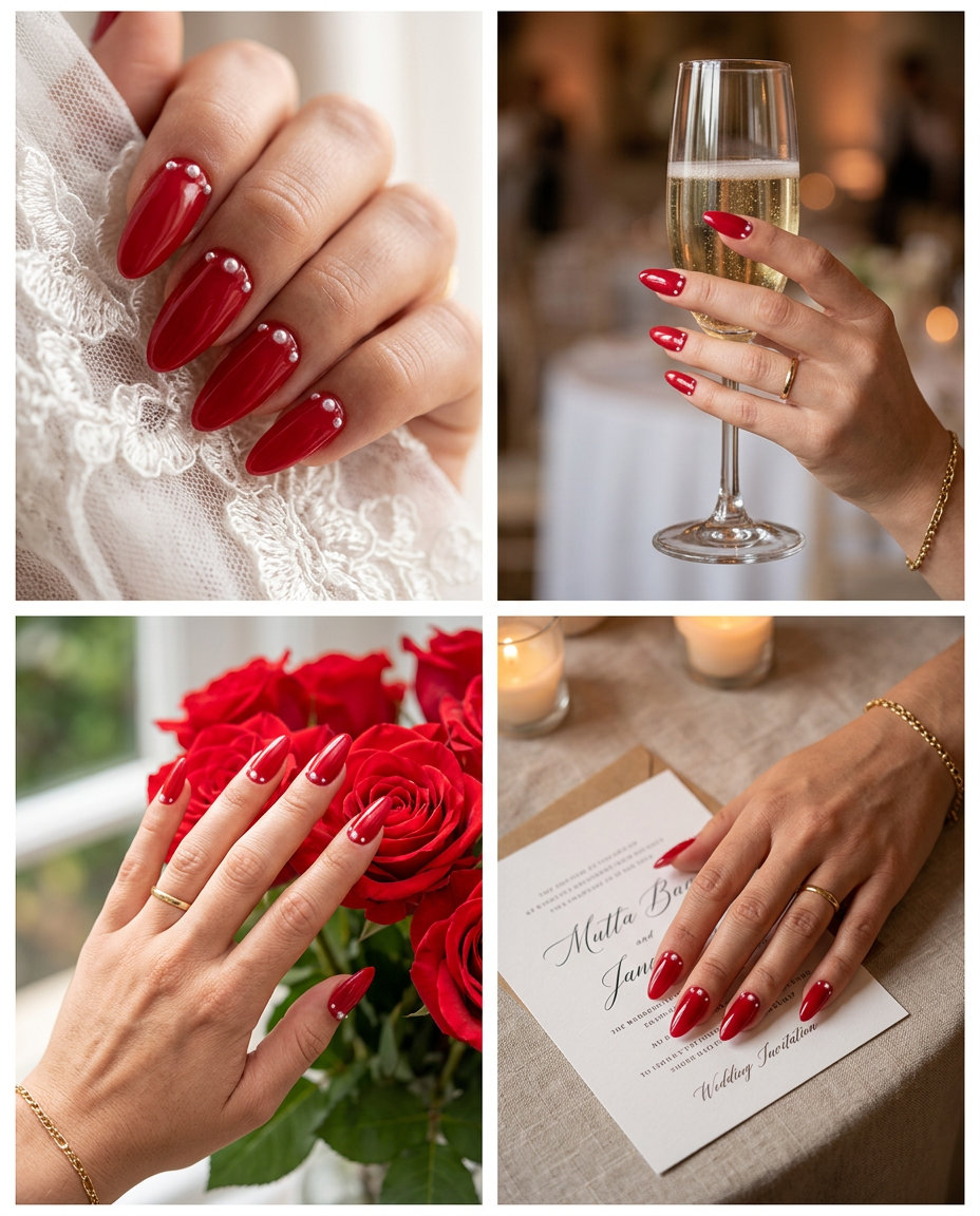 Elegant Cherry Red Pearl Nails 2026 Elegant cherry red almond nails with tiny pearl accents for weddings & date nights. Summer red nails 2026.