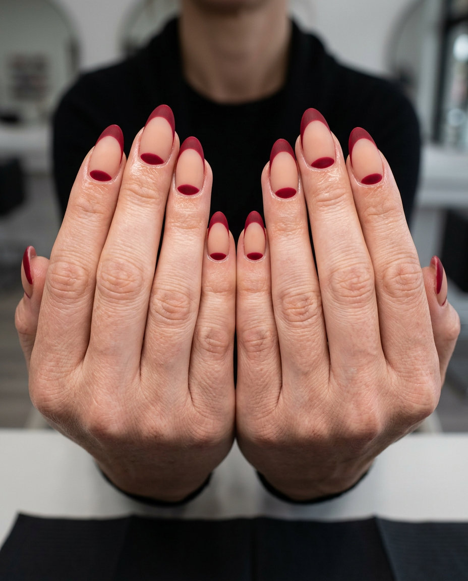 Elegant Nails 2026: Crimson Cuticle French Elegant deep crimson cuticle reverse French nails for formal summer events 2026.