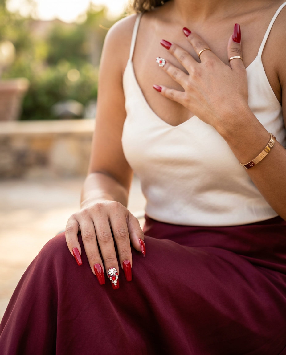 Crimson Jewel Nails 2026: Summer Party Glam Glamorous crimson red nails with rhinestones and pearls for a summer party or wedding guest outfit 2026.