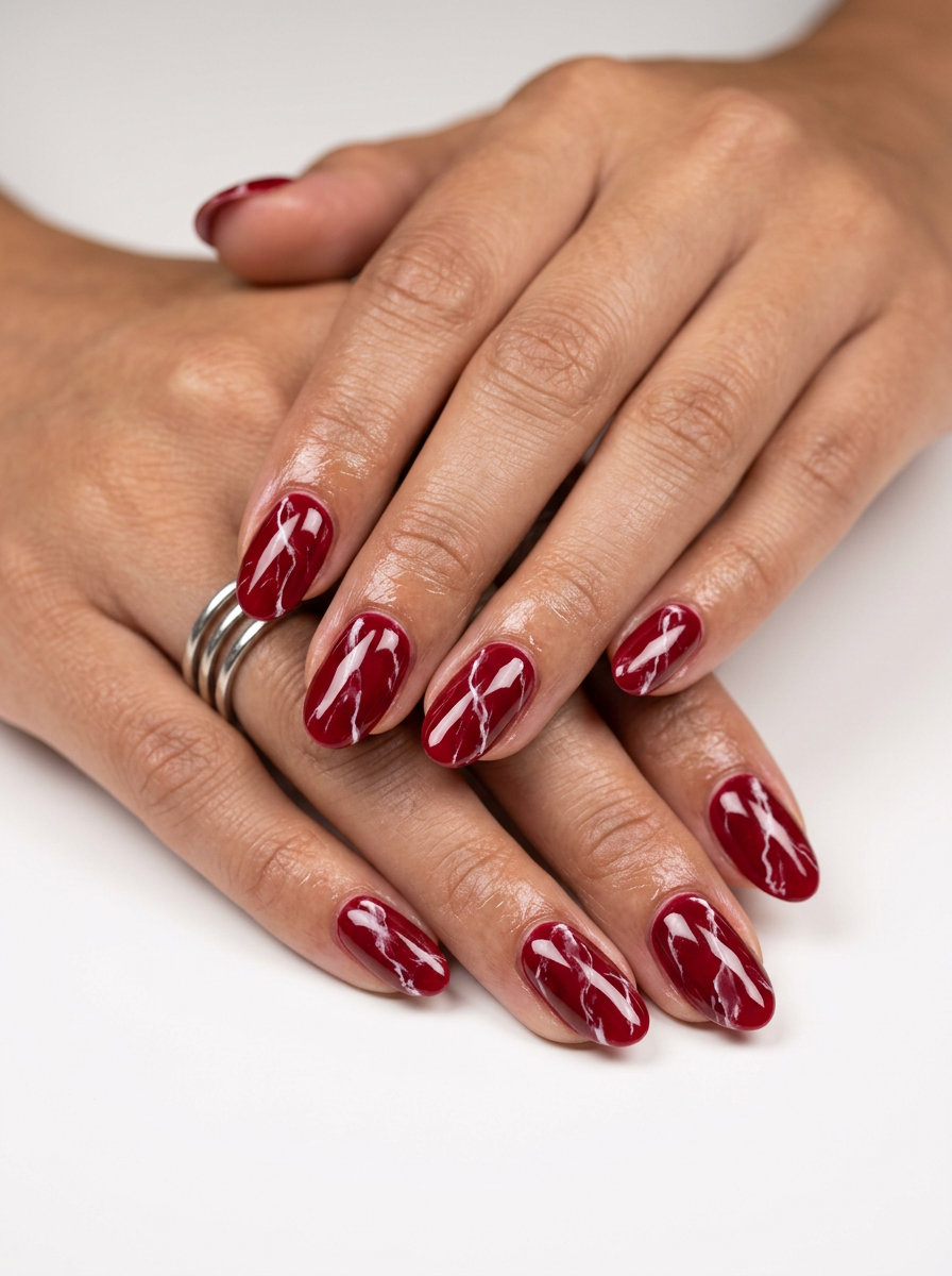 Crimson Marble Nails 2026 Crimson marble nails for daily wear or business casual, sophisticated summer style 2026.