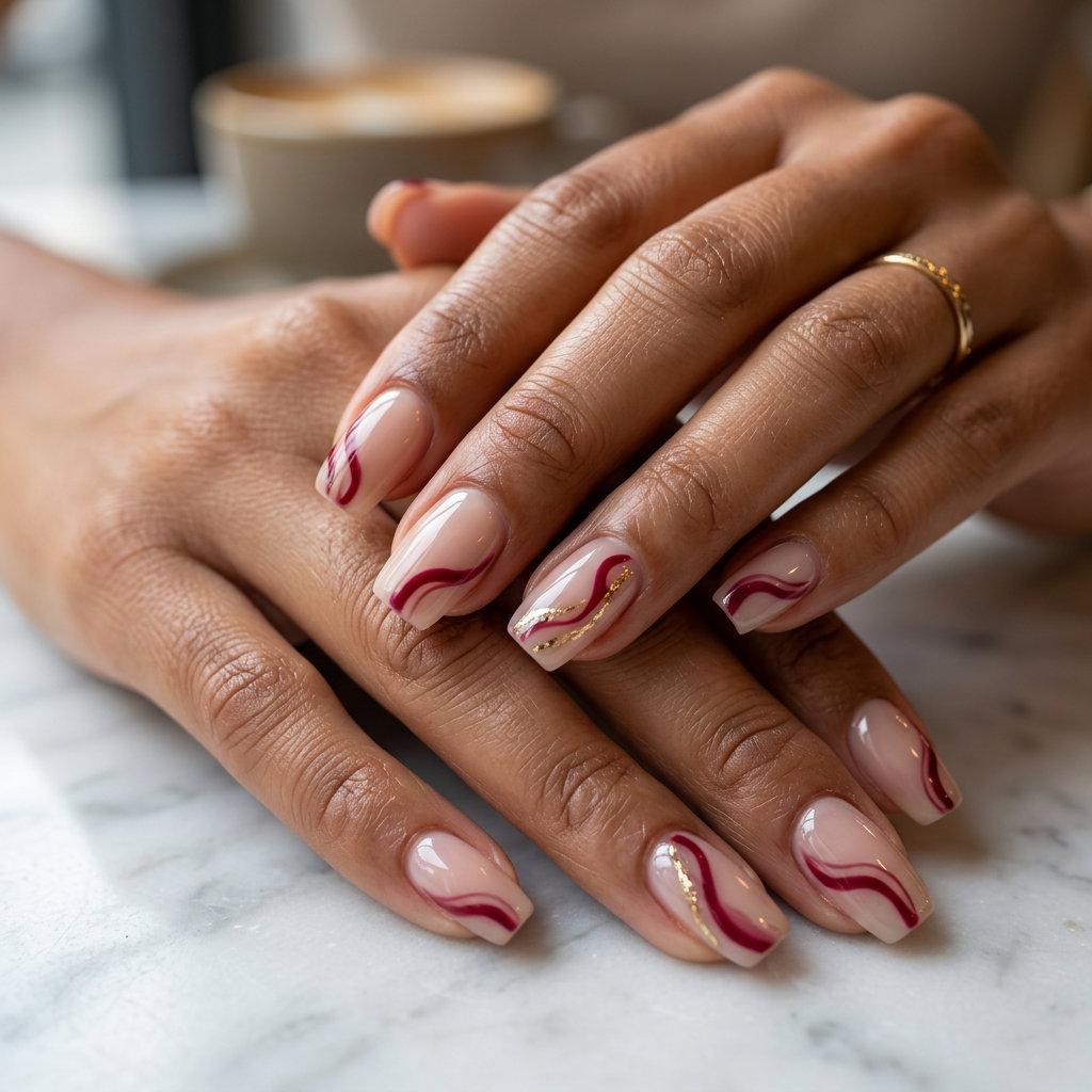 Crimson Swirl Abstract Nails 2026 Artistic crimson swirl abstract nails with milky nude & gold. Summer red nails 2026.