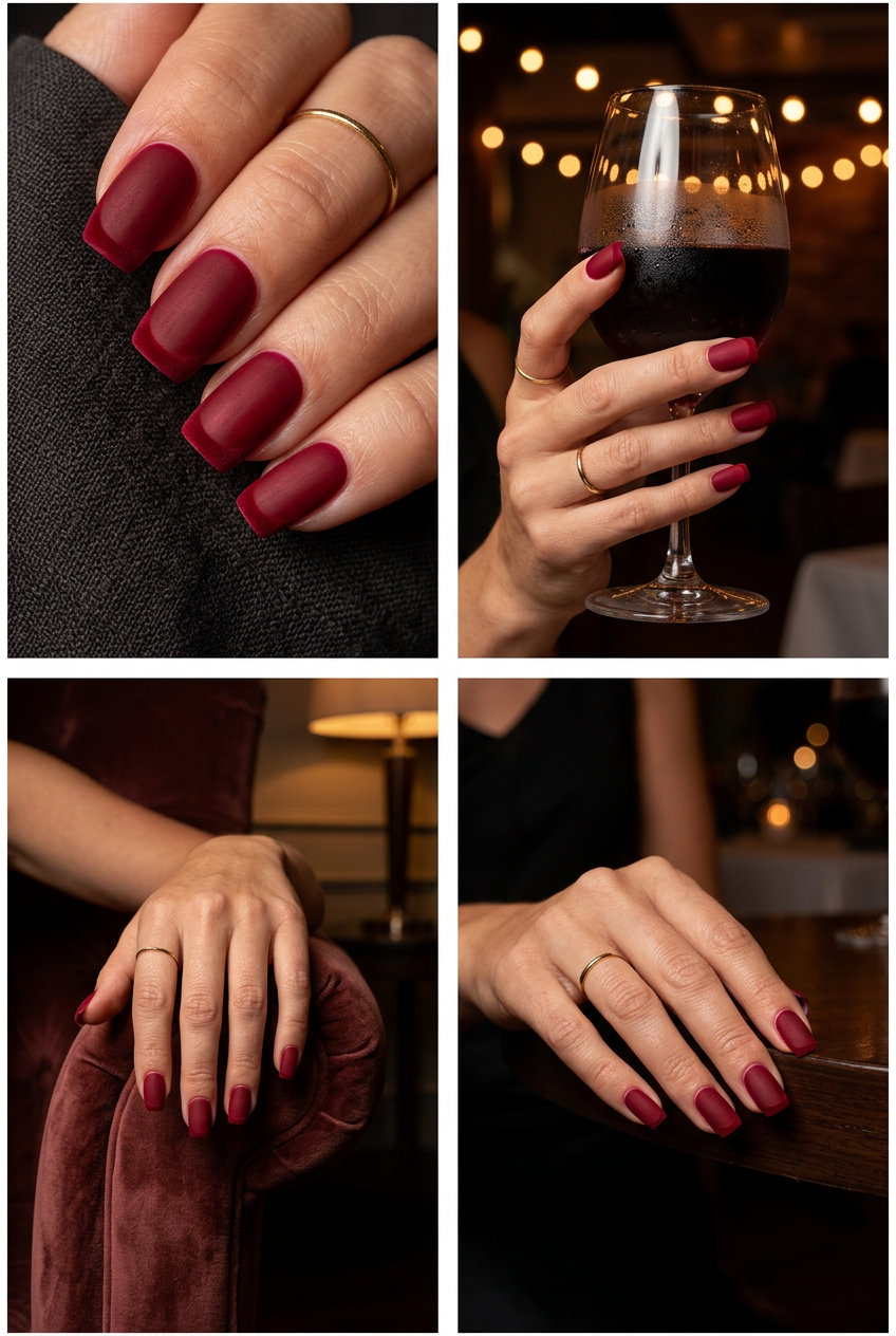 Summer Red Nails 2026: Crimson Velvet French Mysterious summer red nails 2026: Deep crimson velvet French on coffin nails for formal events.