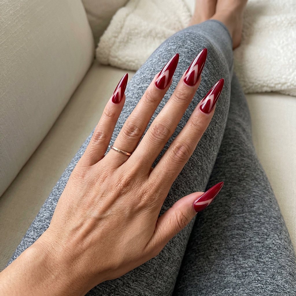Deep Red Geometric Nails 2026: Edgy Night Out Edgy deep crimson negative space geometric nails for a modern night out or fashion event in summer 2026.