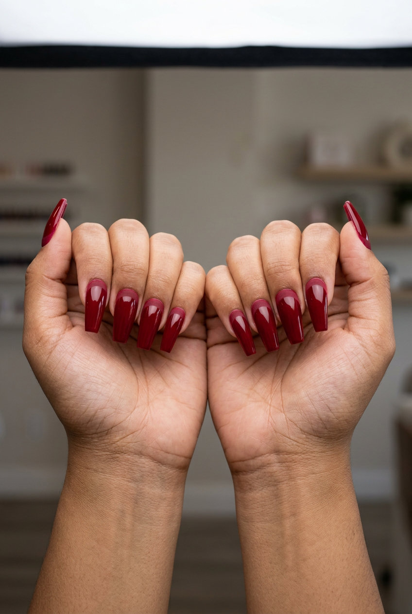 Modern Nails 2026: Matte Crimson French Edgy matte crimson reverse French nails for modern summer evenings 2026.