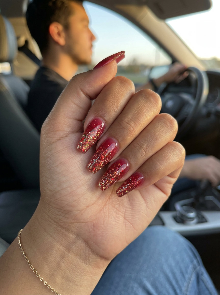Summer Red Nails 2026: Ruby Glitter Cascade Glamorous summer red nails 2026: Ruby glitter cascade gradient on long coffin nails for parties.