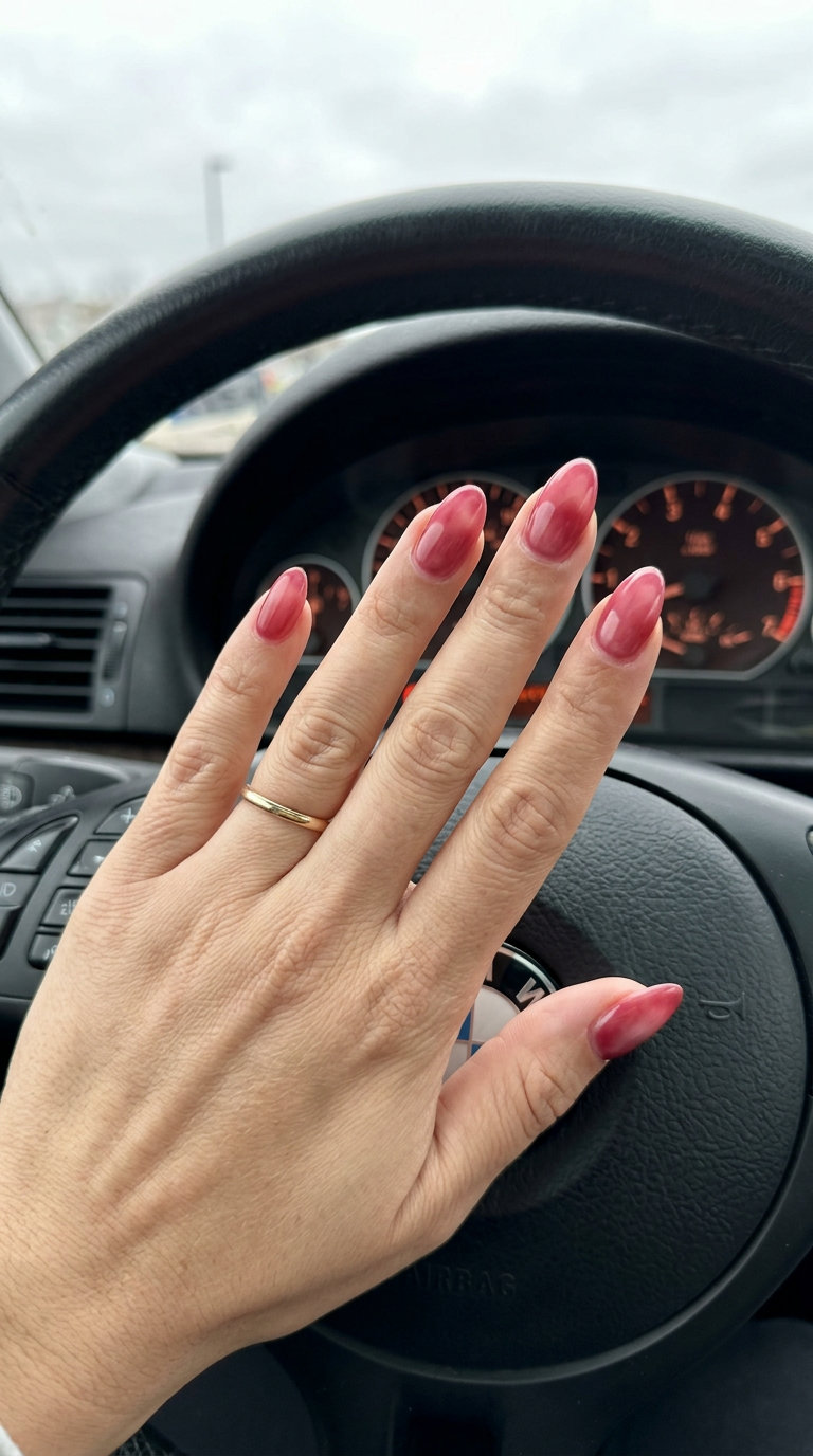 Summer Red Nails 2026: Ruby Red Milk Bath Milky ruby red short nails for summer red nails 2026. Perfect for weddings, bridal showers, or dates.