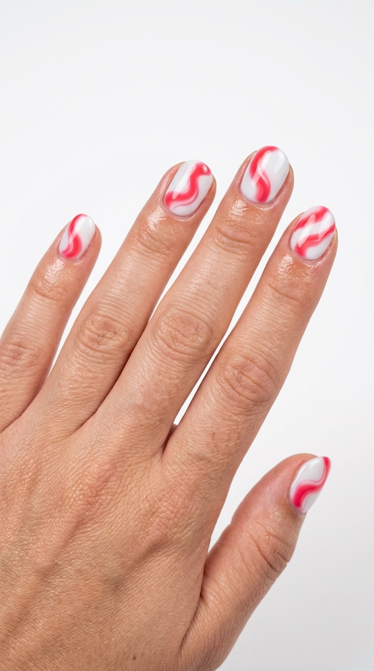 Watermelon Pink Red Swirl Nails 2026 Playful watermelon pink-red swirl nails for vacation. Summer red nails 2026.