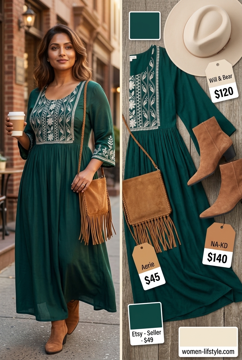 Boho emerald green tiered maxi dress with embroidery, felt hat, suede ankle boots, and fringe crossbody bag for summer festival outfits 2026.