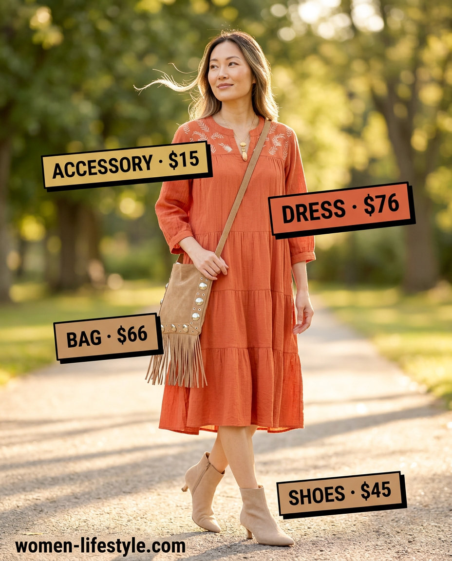 Terracotta boho tiered midi dress for music festivals. Summer Tiered Dress Outfits for Women 2026. Free-spirited festival style.