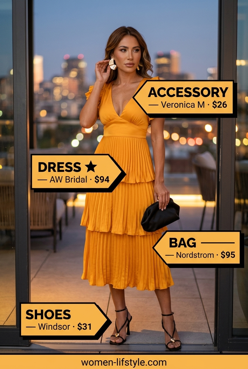 Vibrant mango orange tiered midi dress with flutter sleeves, gold earrings, clutch, and strappy heels for summer cocktail party outfits 2026.