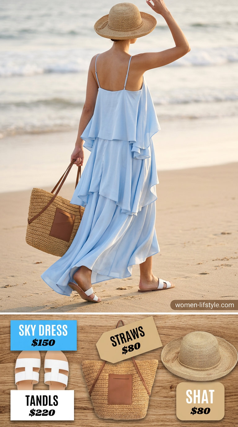 Sky blue tiered maxi dress outfit for beach day. Summer Tiered Dress Outfits for Women 2026. Effortless vacation style.