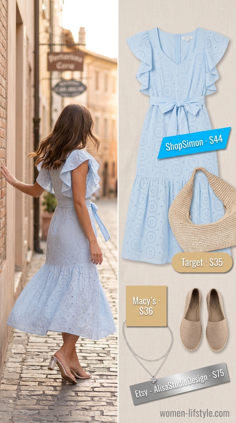 Airy sky blue tiered maxi dress with eyelet trim, espadrilles, straw tote, and delicate silver necklaces for coastal summer outfits 2026.