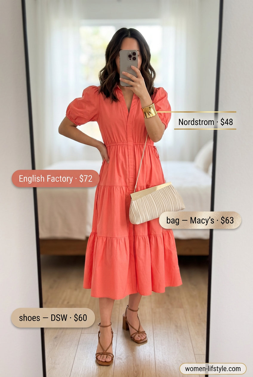 Coral tiered midi dress outfit for summer evening events. Summer Tiered Dress Outfits for Women 2026. Vibrant sophisticated date night style.