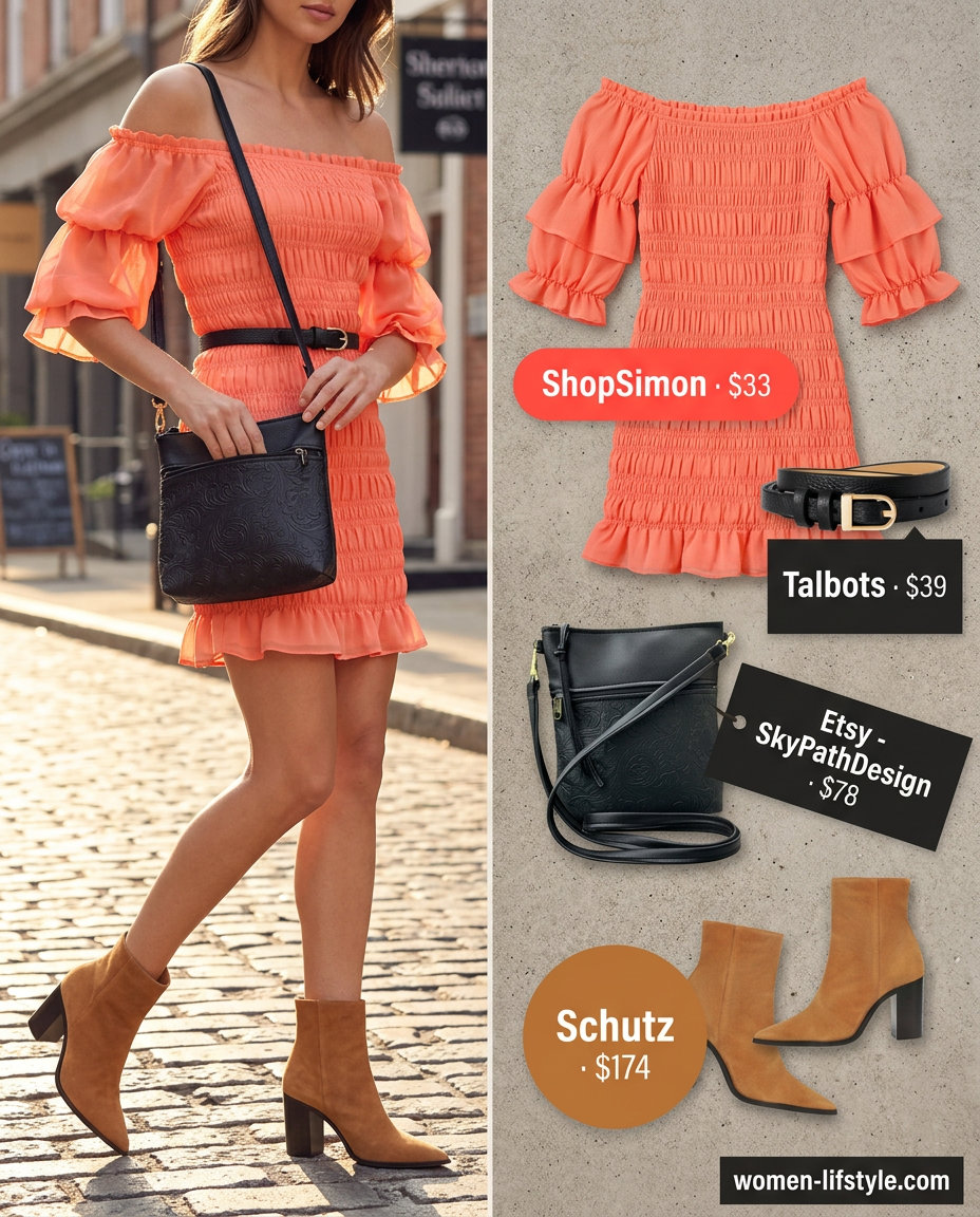 Coral tiered mini dress outfit for evening drinks. Summer Tiered Dress Outfits for Women 2026. Vibrant and edgy summer look.