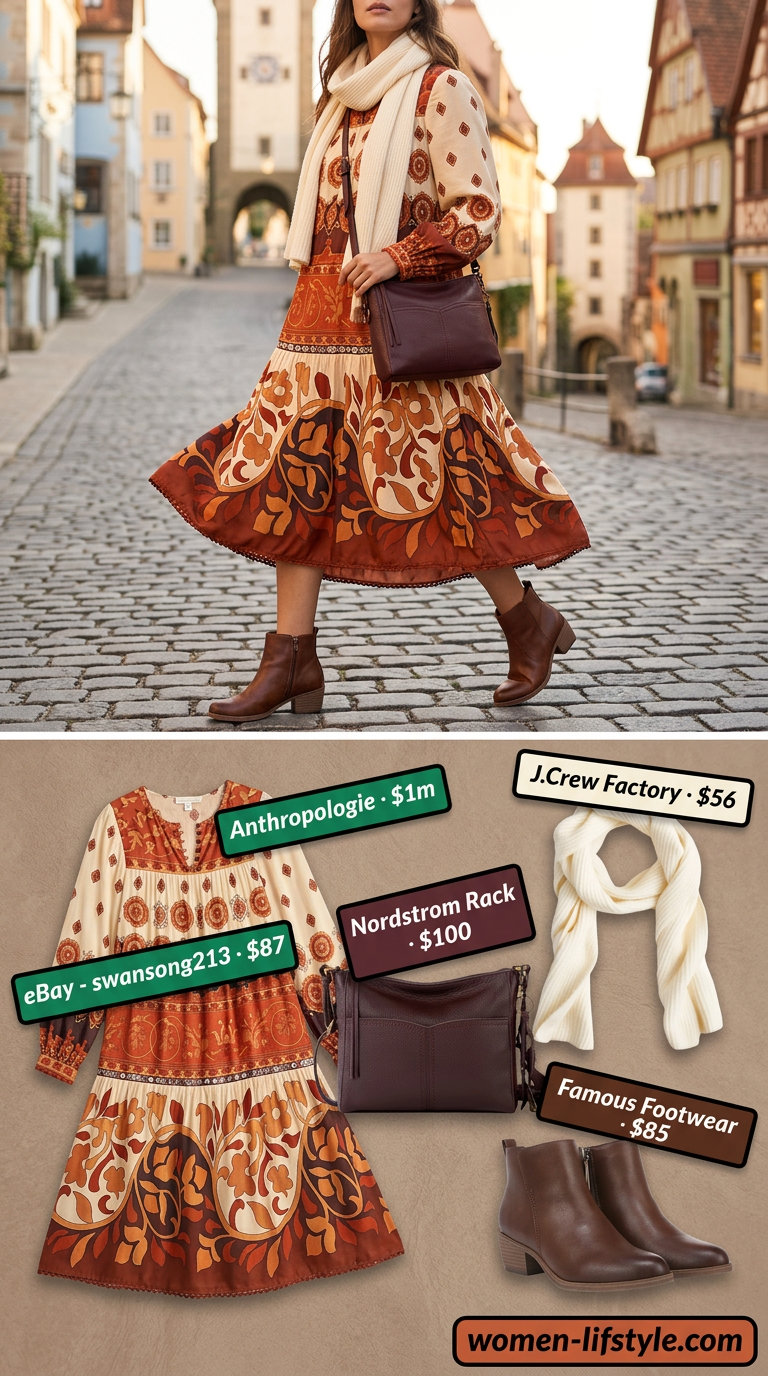 Earthy terracotta tiered midi dress with abstract print, leather ankle boots, knit scarf, and crossbody bag for transitional fall outfits 2026.