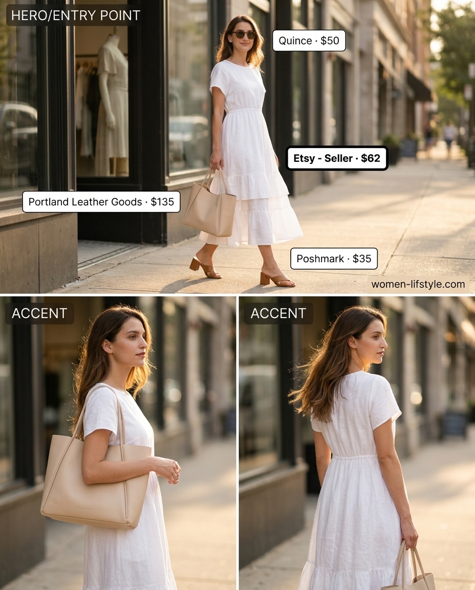 Chic white linen tiered midi dress with tortoise sunglasses, leather tote, and block heel slides for summer city outfits 2026.