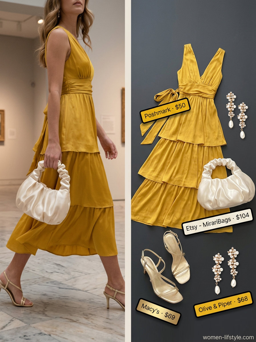 Mustard yellow tiered midi dress for summer cocktail parties. Summer Tiered Dress Outfits for Women 2026. Sophisticated glam evening style.