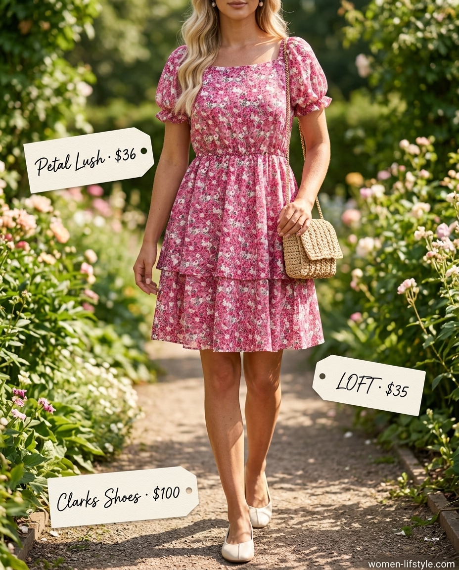 Pastel floral tiered mini dress with puff sleeves, pearl earrings, ballet flats, and straw crossbody bag for summer garden party outfits 2026.