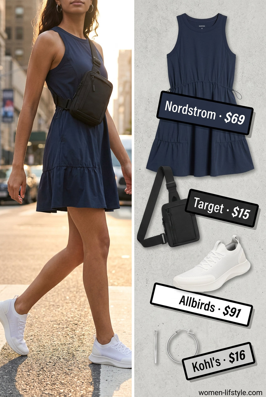 Sporty navy tiered mini dress with racerback, hoop earrings, belt bag, and athletic sneakers for casual summer outfits 2026.