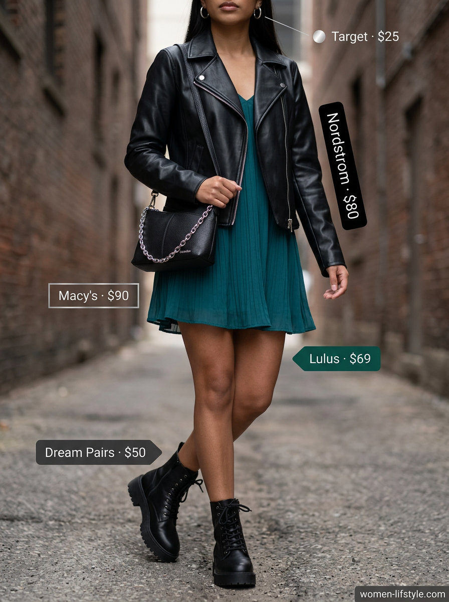 Edgy emerald green tiered mini dress with moto jacket, combat boots, hoop earrings, and crossbody bag for urban summer outfits 2026.