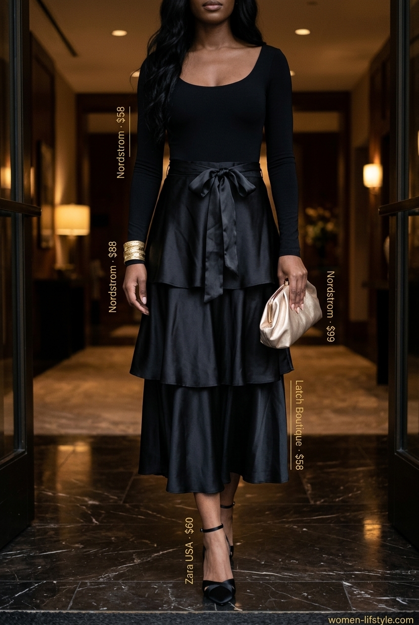 Chic Evening Tiered Skirt outfit for women 2026, perfect for cocktail parties and formal summer events.