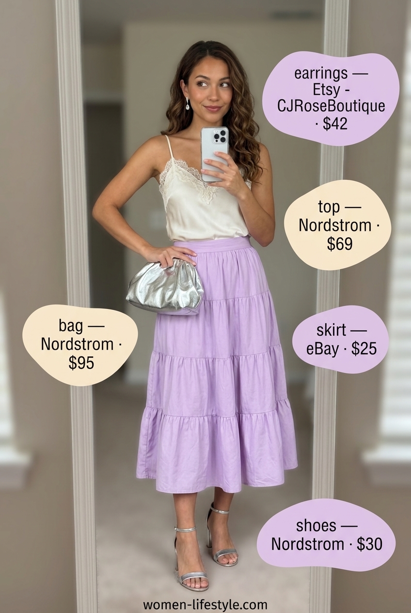 Romantic Lilac Tiered Midi skirt outfit for women 2026, perfect for date nights and summer evenings.