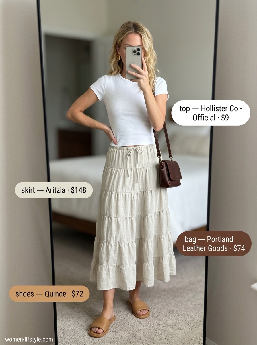 Chic Linen Tiered Midi skirt outfit for women 2026, ideal for daytime chic and casual lunches.
