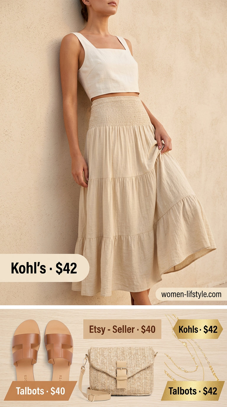 Coastal Breeze Linen Set outfit for women 2026, featuring cream skirt and beige linen top.