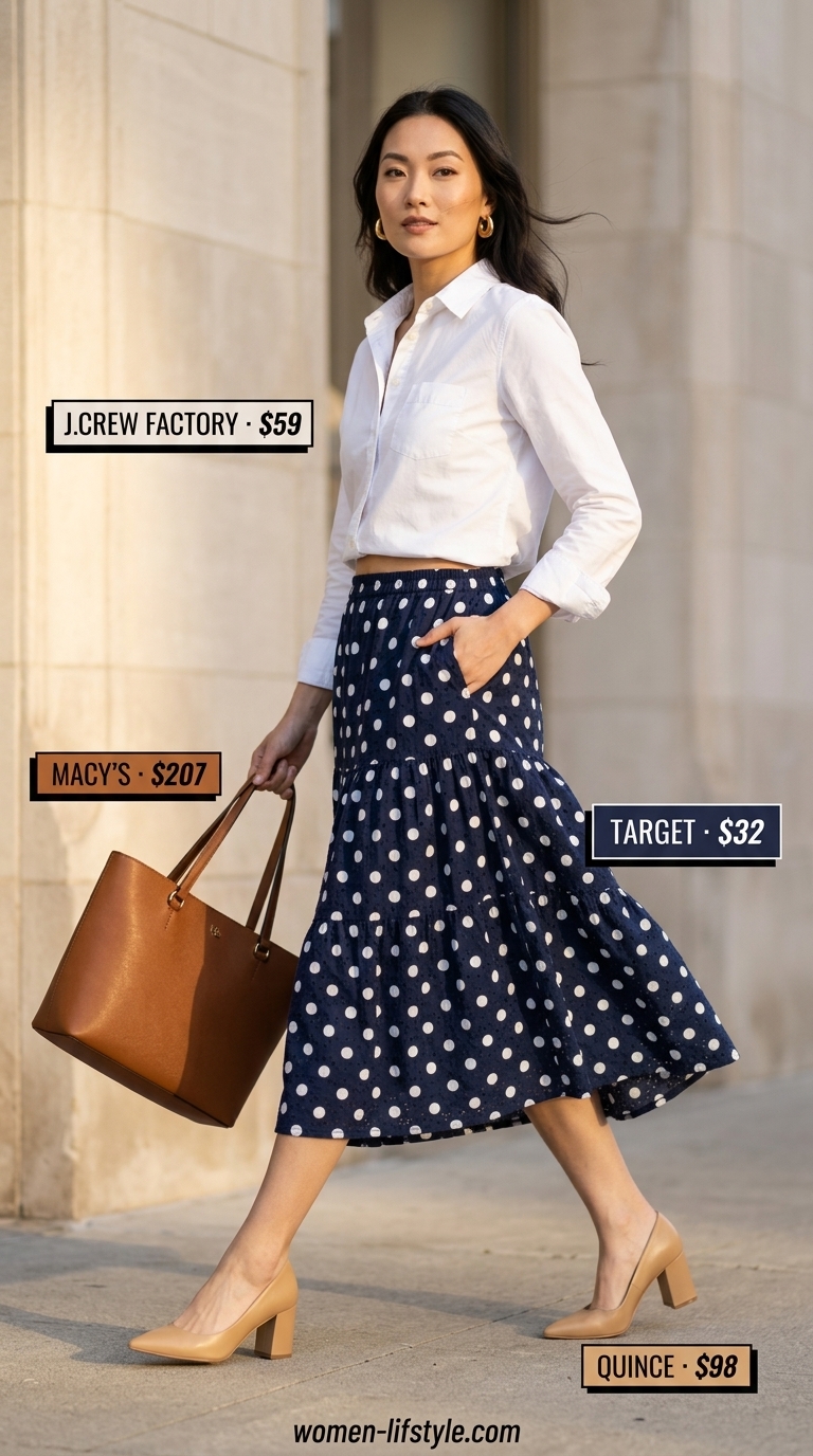 Polished Summer Tiered Skirt outfit for women 2026, featuring navy skirt and white button-down shirt.