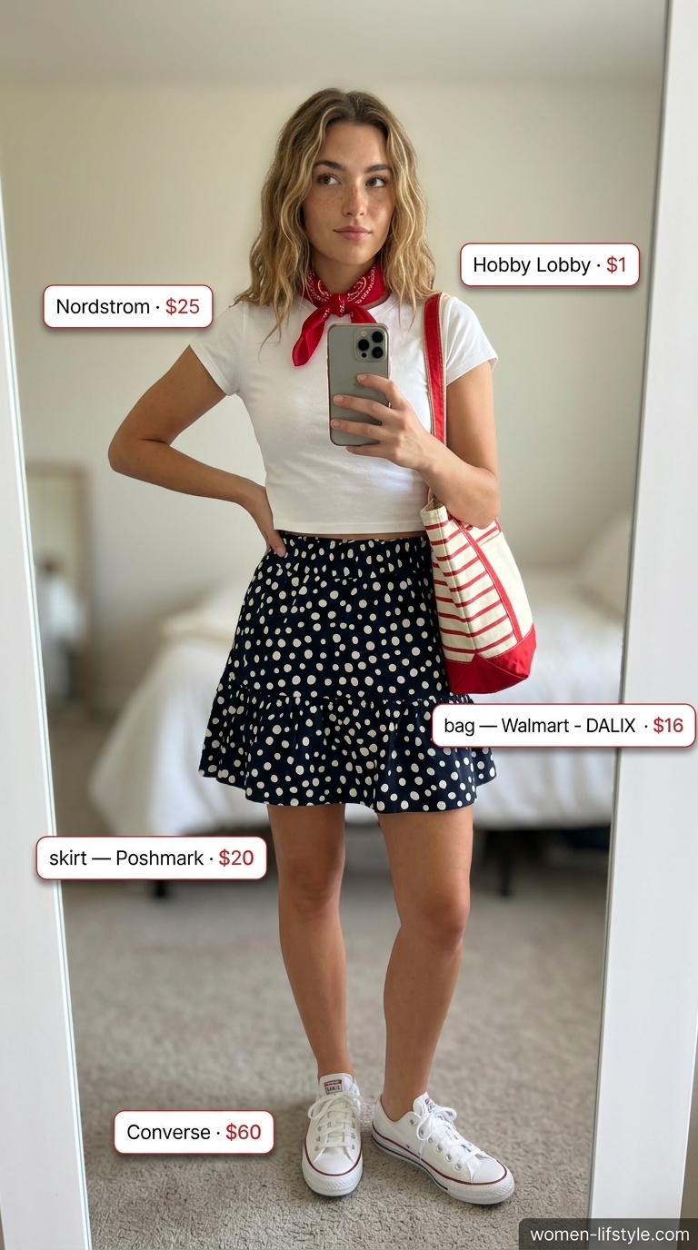 Playful Polka Dot Mini skirt outfit for women 2026, perfect for casual summer days and picnics.
