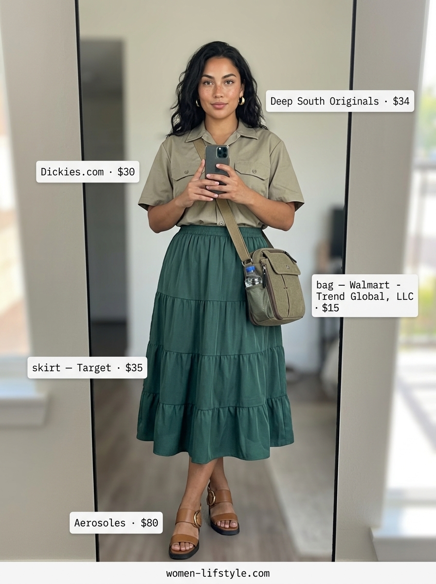 Safari Adventure Tiered Skirt outfit for women 2026, with olive green skirt, khaki shirt, and tan block heels.